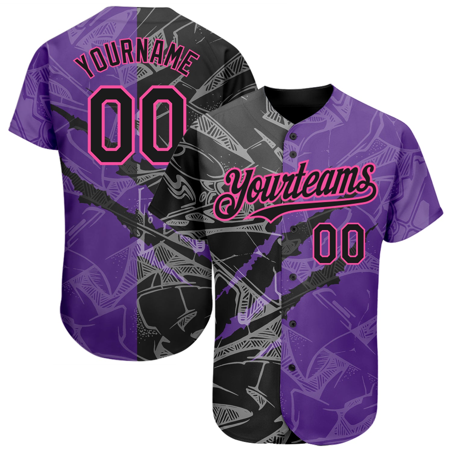 Custom Name and Number Baseball Jersey, Personalized Black Purple-Pink Graffiti Pattern 3D Scratch Authentic Team Apparel