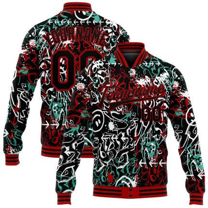 Custom Name & Number 3D Graffiti Pattern Bomber Jacket Black-Red Abstract Grunge Art Full-Snap Varsity Letterman Jacket Personalized