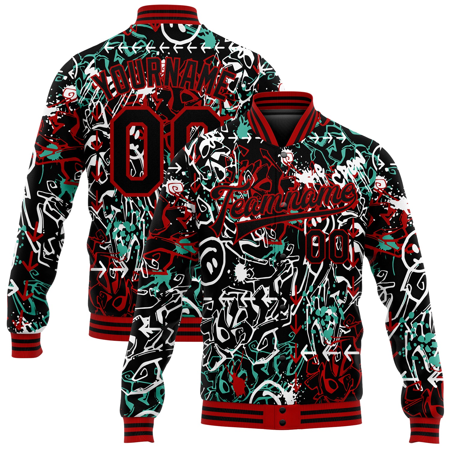 Custom Name & Number 3D Graffiti Pattern Bomber Jacket Black-Red Abstract Grunge Art Full-Snap Varsity Letterman Jacket Personalized