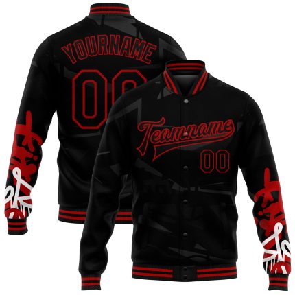 Personalized Urban Street Art 3D Bomber Jacket Black Red Graffiti Pattern Custom Name Number Full-Snap Varsity Letterman