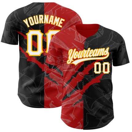 Custom Name Number Baseball Jersey 3D Scratch Graffiti Pattern Black Red Gold Authentic Personalized Graffiti Pattern Black