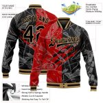 Custom 3D Bomber Varsity Jacket with Personalized Graffiti Pattern in Black, Red, and Old Gold - Team Name and Number Personalized