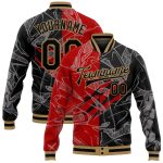 Custom 3D Bomber Varsity Jacket with Personalized Graffiti Pattern in Black, Red, and Old Gold - Team Name and Number Personalized