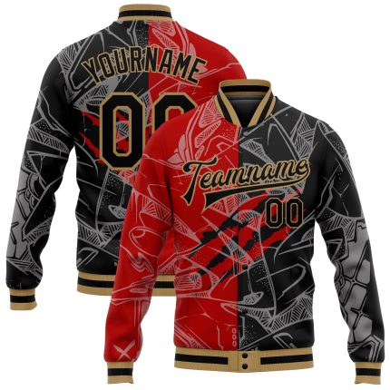 Custom 3D Bomber Varsity Jacket with Personalized Graffiti Pattern in Black, Red, and Old Gold - Team Name and Number Personalized