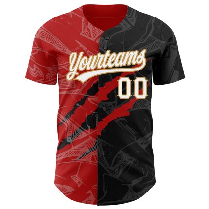Custom Name and Number Personalized 3D Scratch Authentic Baseball Jersey Black Red-Old Gold Graffiti Pattern Personalized
