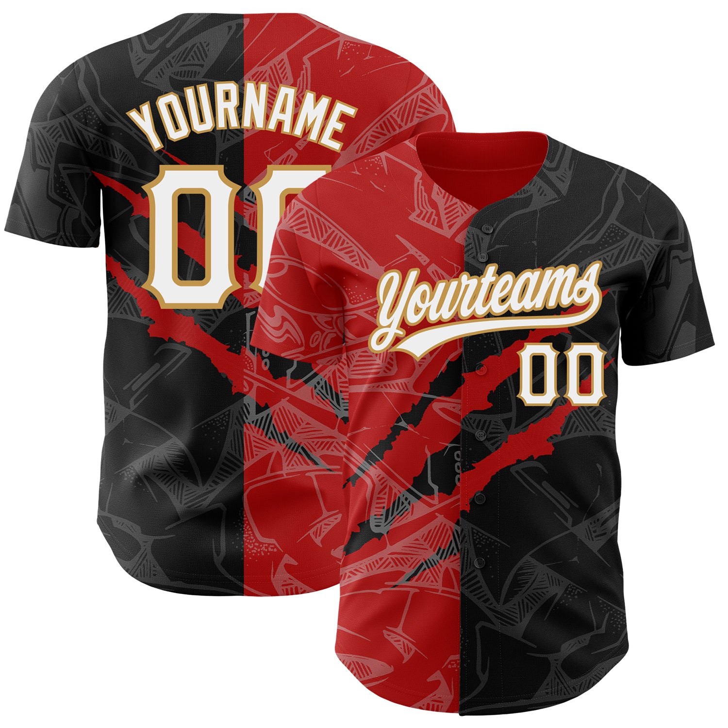 Custom Name and Number Personalized 3D Scratch Authentic Baseball Jersey Black Red-Old Gold Graffiti Pattern Personalized