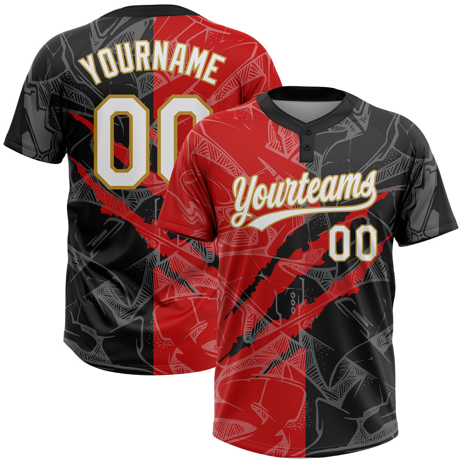 Custom Name Number Softball Jersey Unisex 3D Graffiti Pattern Black Red Old Gold Two-Button Design Personalized Graffiti