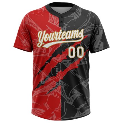 Custom Name Number Softball Jersey Unisex 3D Graffiti Pattern Black Red Old Gold Two-Button Design Personalized Graffiti