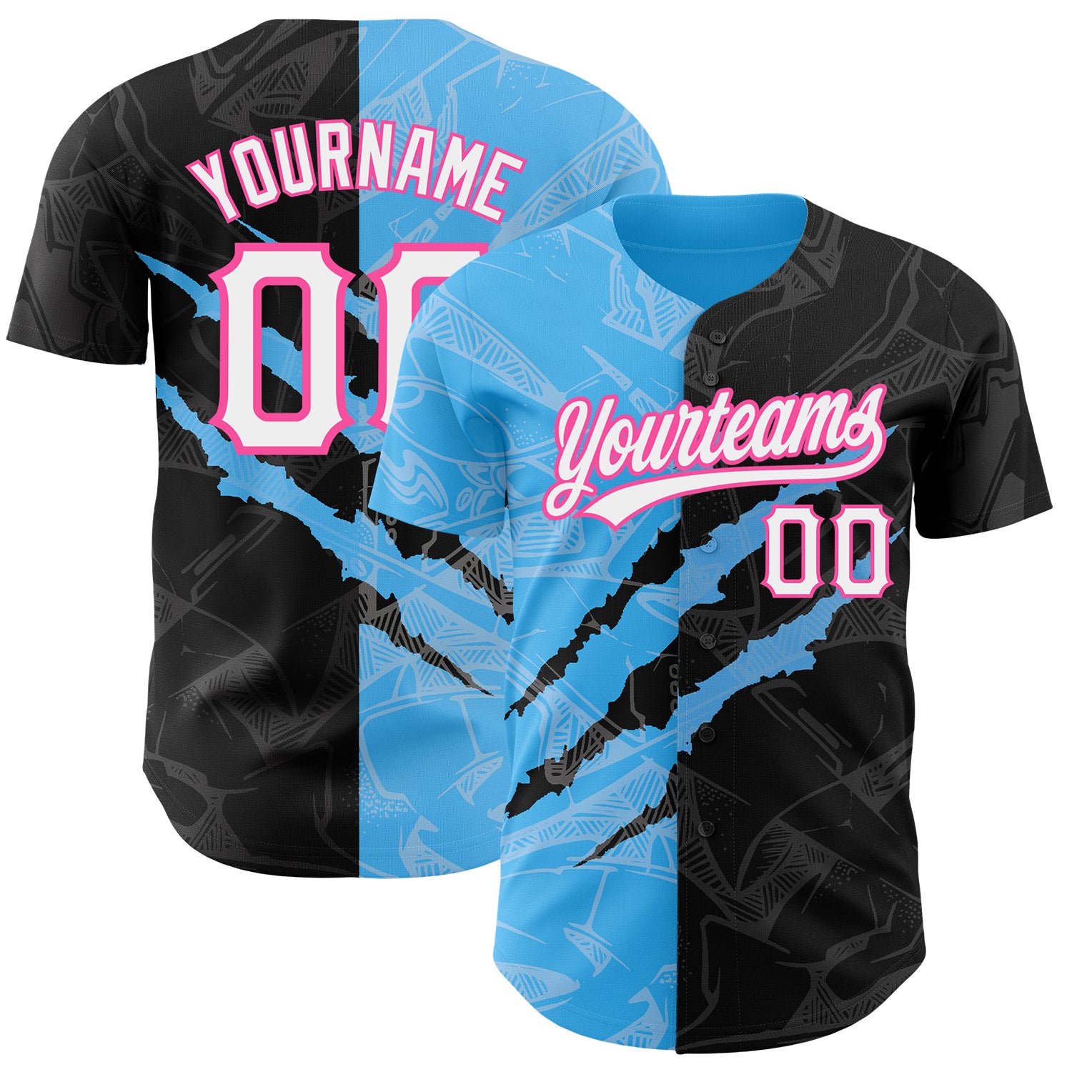 Custom Graffiti Baseball Jersey with Black Sky Blue-Pink 3D Scratch, Personalized Team Name and Number Personalized Graffiti