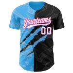 Custom Graffiti Baseball Jersey with Black Sky Blue-Pink 3D Scratch, Personalized Team Name and Number Personalized Graffiti