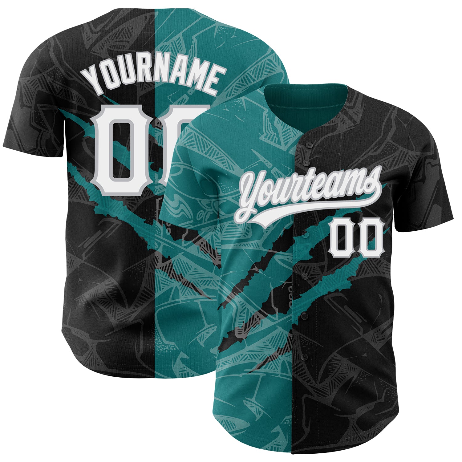 Custom Name and Number Personalized Black Teal-Gray Graffiti Baseball Jersey 3D Scratch Design Personalized Graffiti Pattern