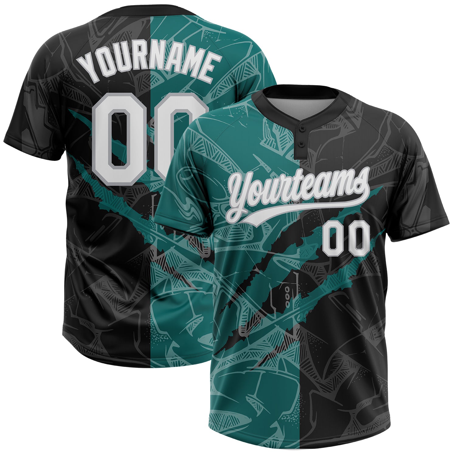 Custom Name Number 3D Unisex Softball Jersey Graffiti Pattern Black Teal-Gray - Personalized Team Apparel Personalized Graffiti