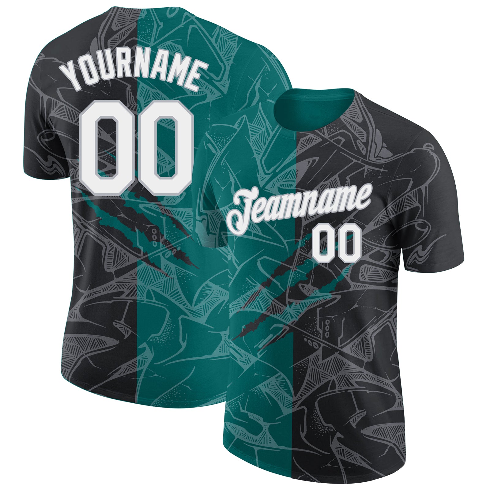 Custom Graffiti Pattern 3D Performance T-Shirt Black Teal Gray with Team Name and Number Personalized Graffiti Pattern Black