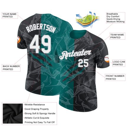 Custom Graffiti Pattern 3D Performance T-Shirt Black Teal Gray with Team Name and Number Personalized Graffiti Pattern Black