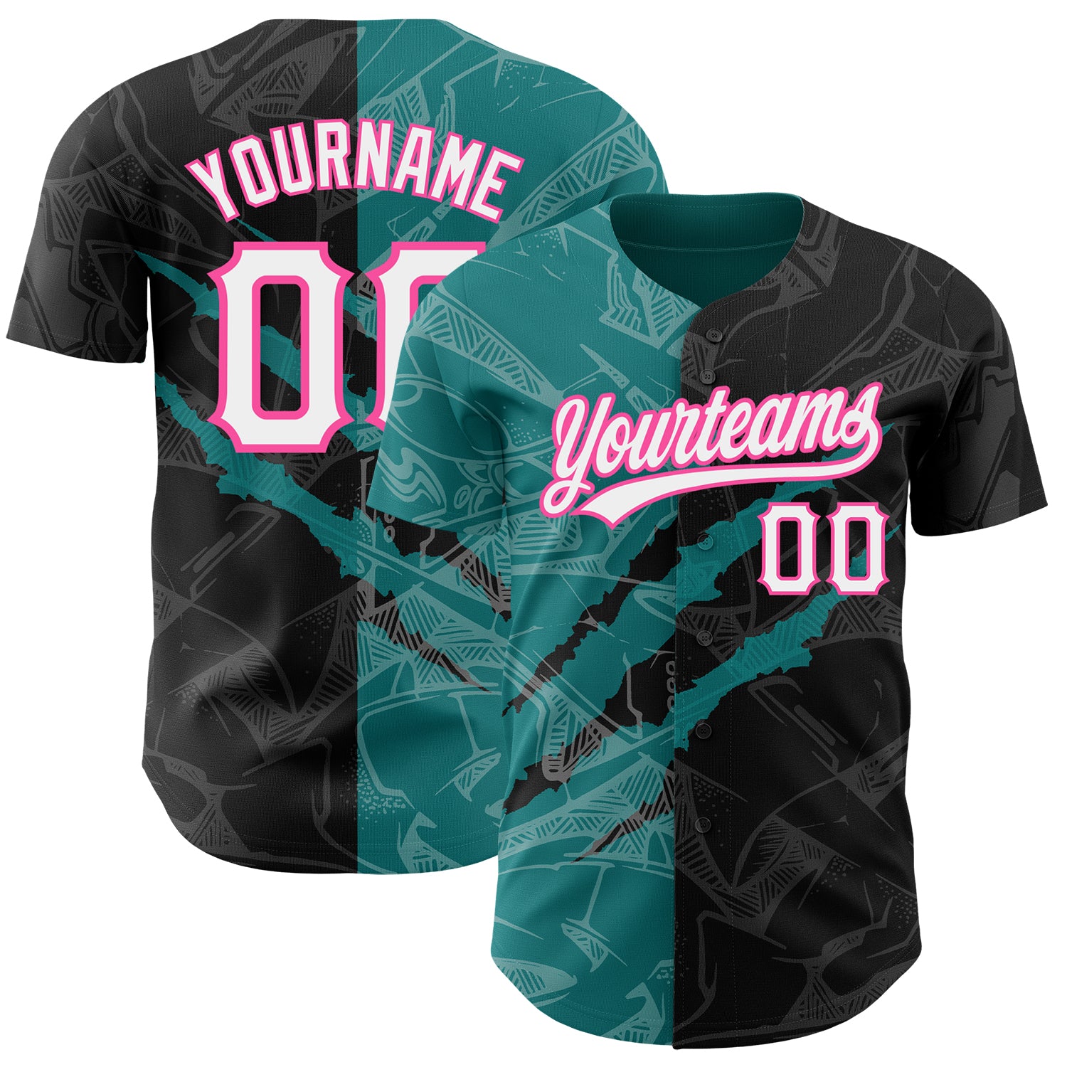 Personalized Black Teal-Pink Graffiti 3D Scratch Baseball Jersey with Custom Name and Number Personalized Graffiti Pattern