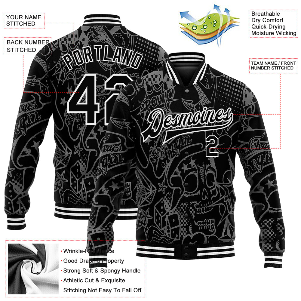 Personalized Graffiti Pattern Black-White Skull Fashion 3D Bomber Full-Snap Varsity Letterman Jacket Team Custom Name and Number Custom Name Number Black White Skull Graffiti Pattern 3D Bomber Varsity Letterman Jacket Fashion Personalized Graffiti Pattern - Image 3