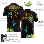 Custom Name and Number 3D Performance Golf Polo Shirt in Black-Yellow Graffiti Pattern Personalized Graffiti Pattern Black-Yellow