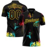 Custom Name and Number 3D Performance Golf Polo Shirt in Black-Yellow Graffiti Pattern Personalized Graffiti Pattern Black-Yellow