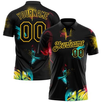 Custom Name and Number 3D Performance Golf Polo Shirt in Black-Yellow Graffiti Pattern Personalized Graffiti Pattern Black-Yellow