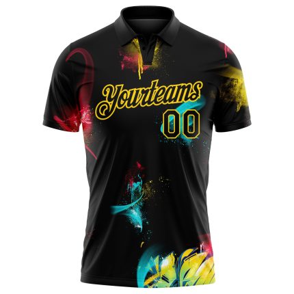 Custom Name and Number 3D Performance Golf Polo Shirt in Black-Yellow Graffiti Pattern Personalized Graffiti Pattern Black-Yellow