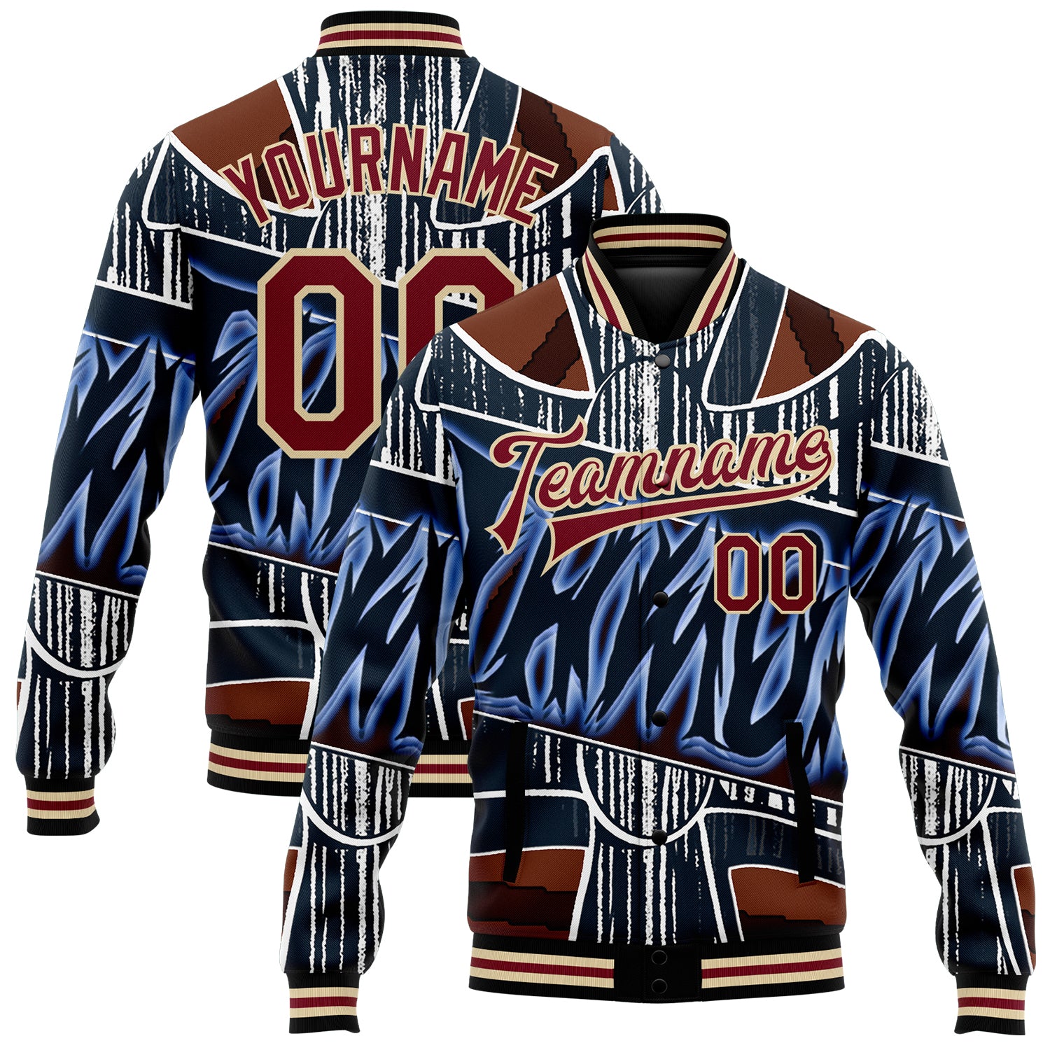 Custom Name Number Graffiti Pattern Bomber Jacket 3D Varsity Letterman Cream Crimson Chrome Heart Full-Snap Personalized