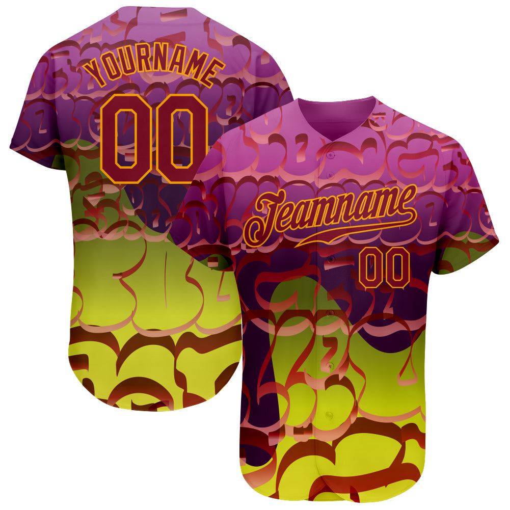 Custom Name and Number 3D Authentic Baseball Jersey Personalized Graffiti Pattern Crimson Gold Personalized Graffiti Pattern