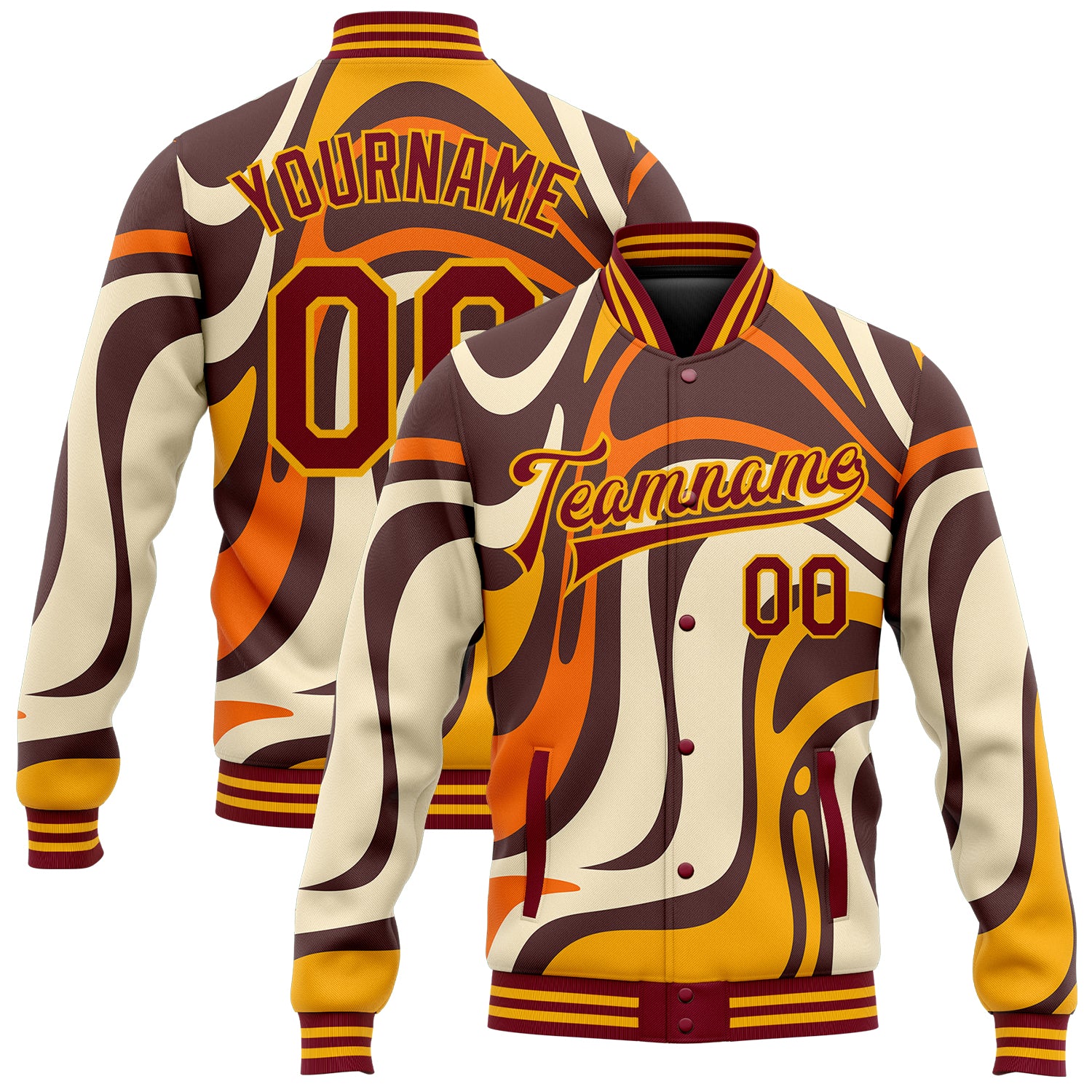 Custom Name Number Personalized Graffiti Pattern Bomber Jacket Crimson Gold Psychedelic 3D Full-Snap Varsity Letterman Personalized
