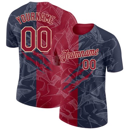 Custom Name and Number 3D Performance T-Shirt - Personalized Graffiti Pattern in Crimson and Navy Cream Personalized Graffiti