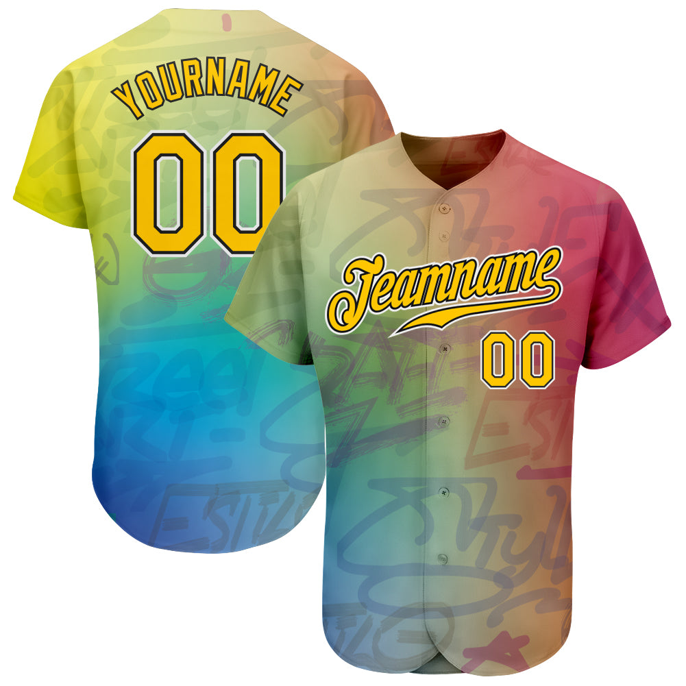 Custom Gold-Black Graffiti Pattern 3D Baseball Jersey with Personalized Name and Number - Authentic Team Apparel Personalized
