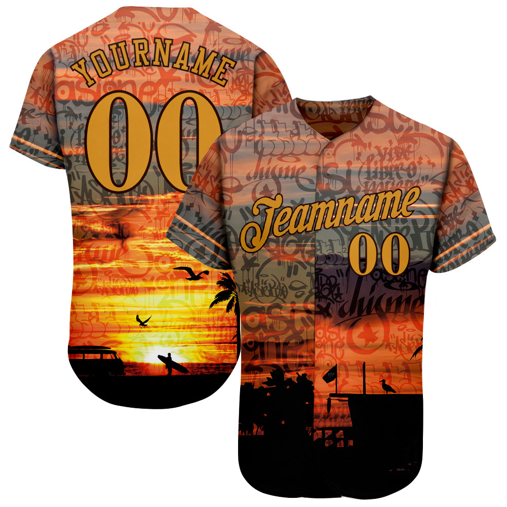 Custom Personalized Graffiti Pattern 3D Beach Jersey with Gold-Brown Design, Authentic Baseball Team Name and Number Personalized