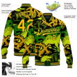 Personalized Dinosaur Graffiti Pattern Gold-Green 3D Bomber Varsity Letterman Jacket with Custom Name and Number Personalized
