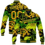 Personalized Dinosaur Graffiti Pattern Gold-Green 3D Bomber Varsity Letterman Jacket with Custom Name and Number Personalized
