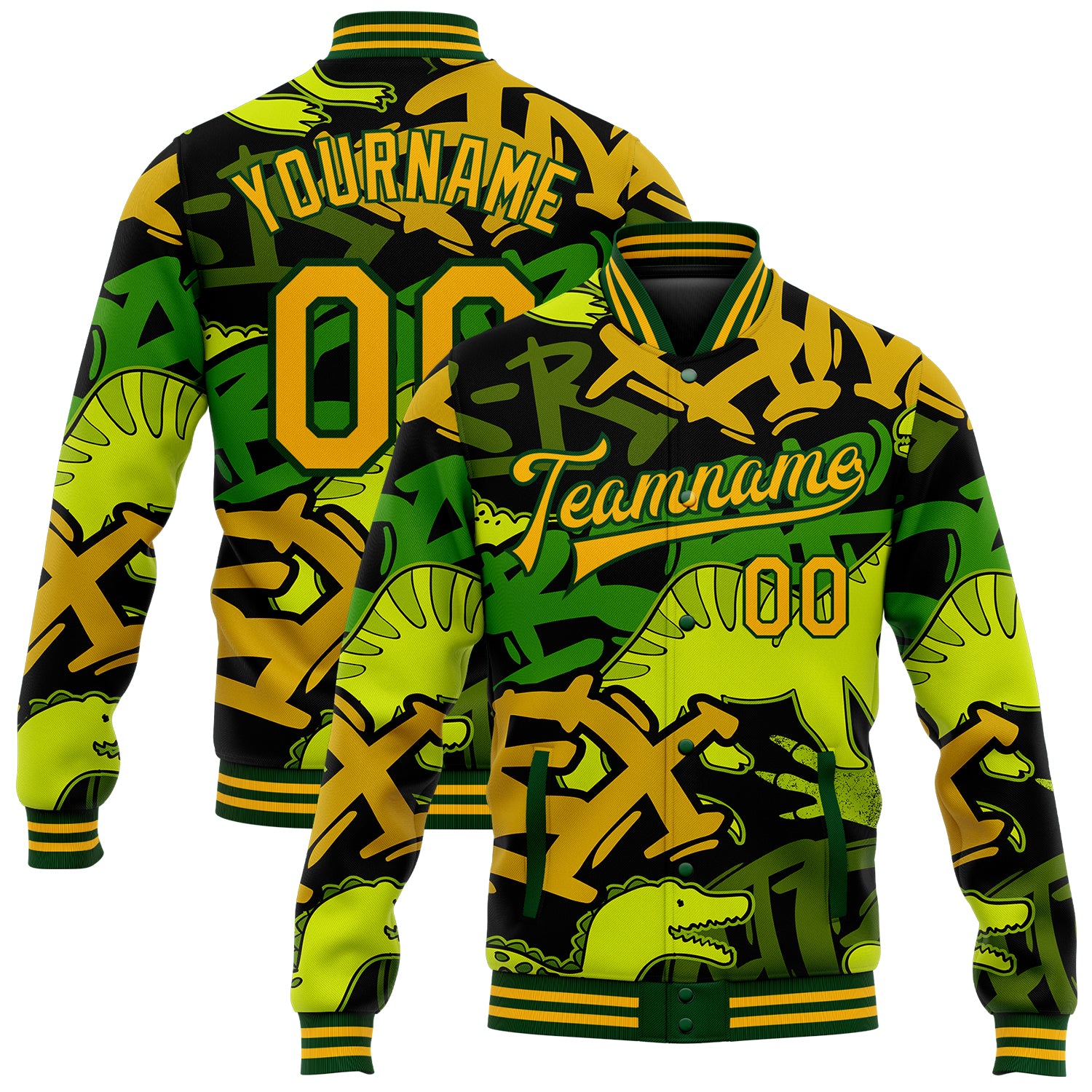 Personalized Dinosaur Graffiti Pattern Gold-Green 3D Bomber Varsity Letterman Jacket with Custom Name and Number Personalized