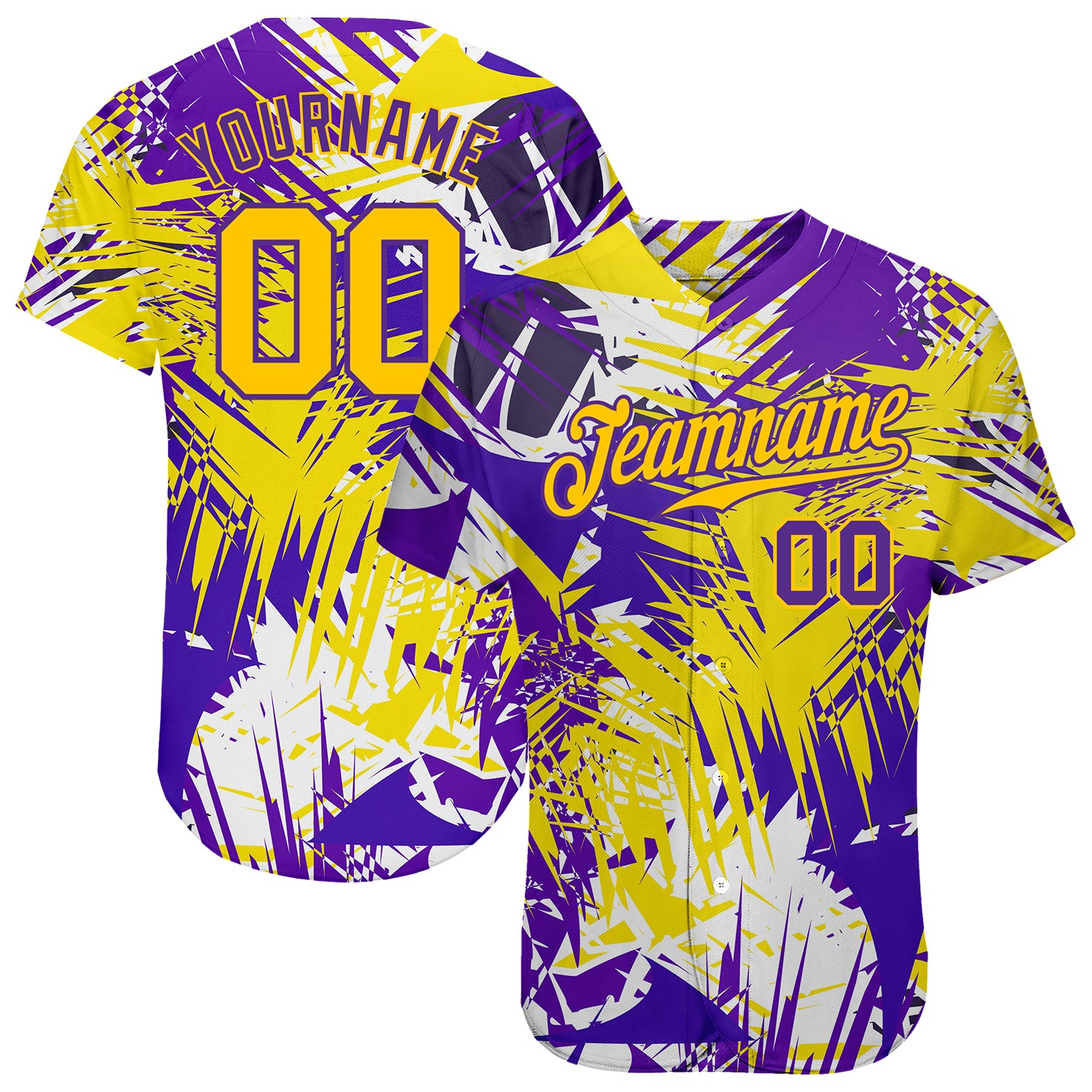 Custom Name and Number 3D Baseball Jersey - Personalized Gold Purple Graffiti Pattern Authentic Team Design Personalized