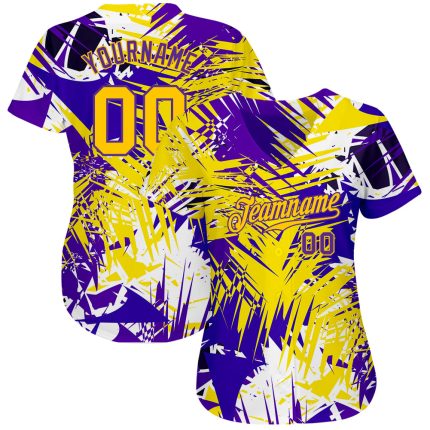 Custom Name and Number 3D Baseball Jersey - Personalized Gold Purple Graffiti Pattern Authentic Team Design Personalized