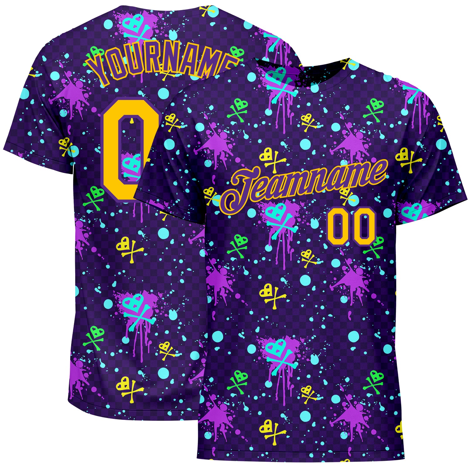 Custom Name and Number Personalized Graffiti Performance T-Shirt in Gold-Purple 3D Paint-Splatter Design Personalized Graffiti