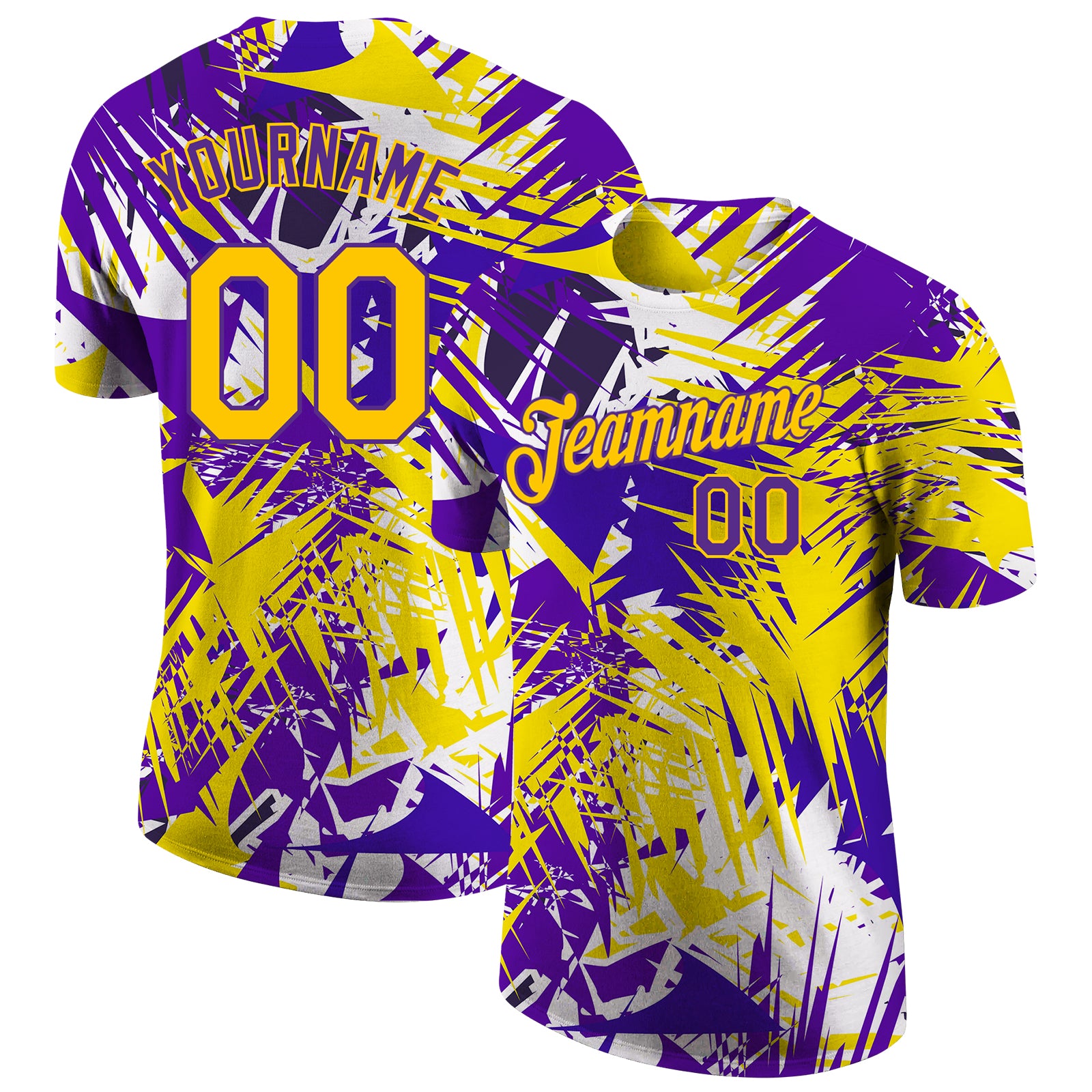Custom Name Number Graffiti Pattern 3D Performance T-Shirt Gold Purple for Teams Personalized Graffiti Pattern Gold-Purple