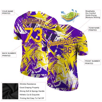 Custom Name Number Graffiti Pattern 3D Performance T-Shirt Gold Purple for Teams Personalized Graffiti Pattern Gold-Purple