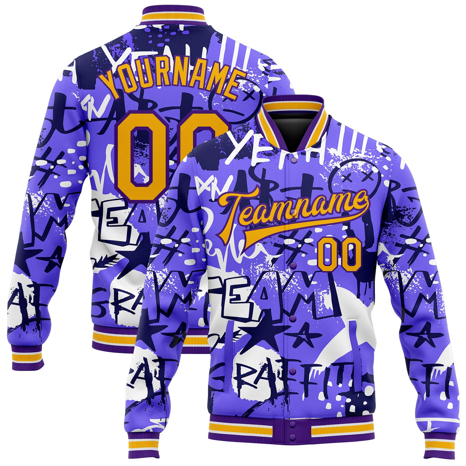 Custom Name Number Graffiti Pattern Bomber Jacket 3D Street Art Gold Purple Grunge Varsity Letterman Personalized Graffiti