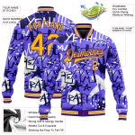 Custom Name Number Graffiti Pattern Bomber Jacket 3D Street Art Gold Purple Grunge Varsity Letterman Personalized Graffiti