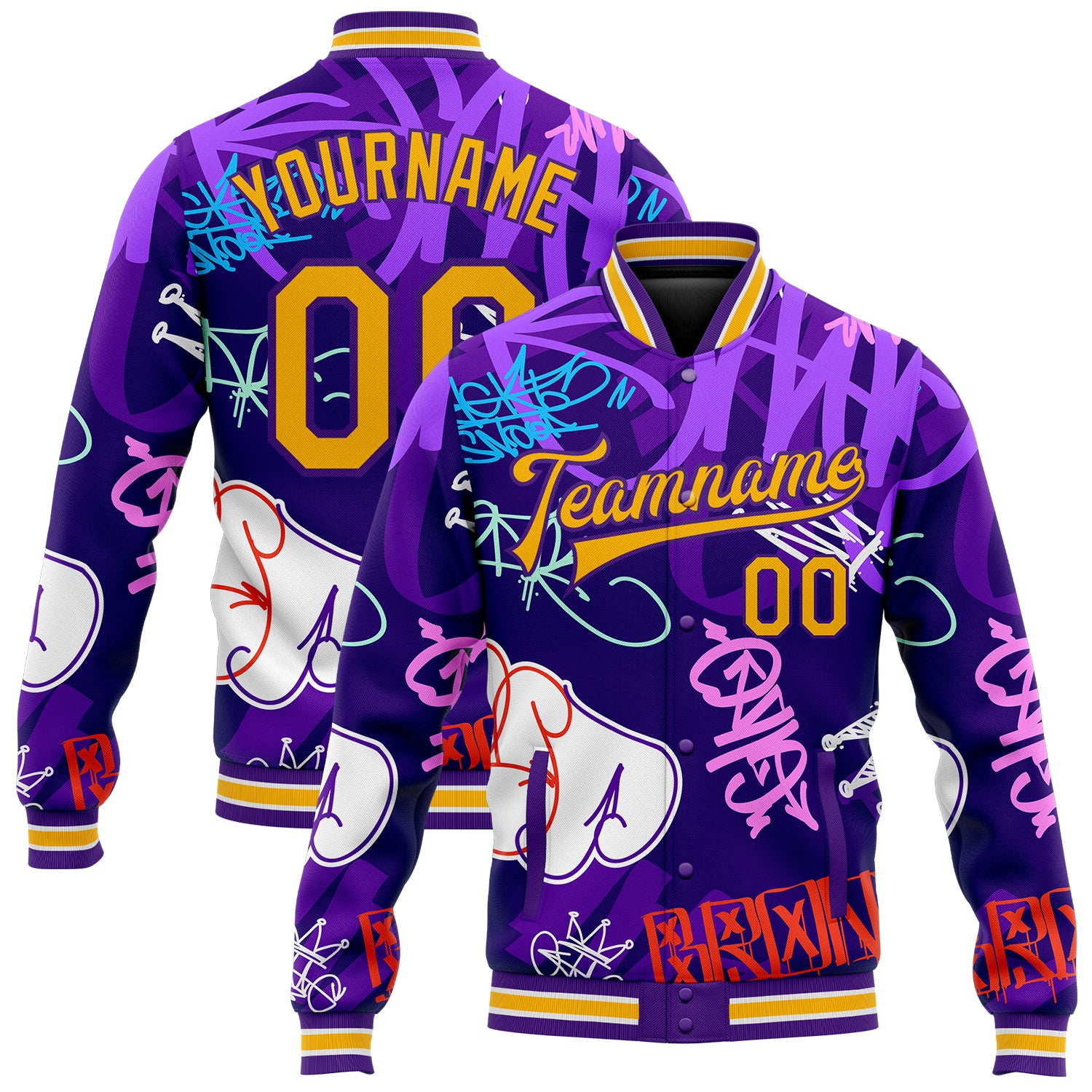 Custom Name Number Personalized Graffiti Pattern 3D Bomber Varsity Jacket Gold Purple Hiphop Urban Street Art Full-Snap Personalized