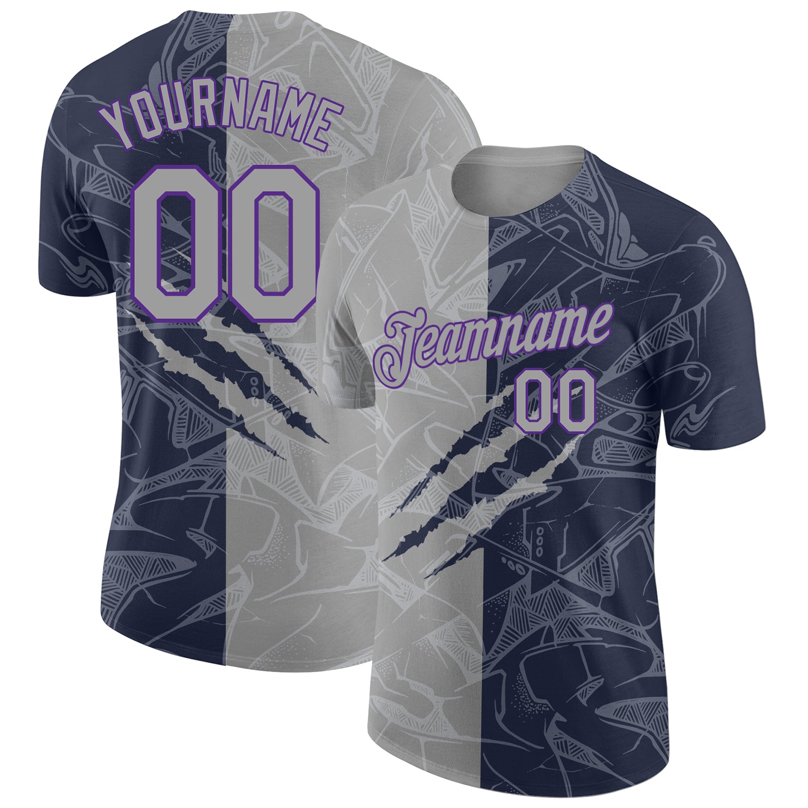 Custom Team Name and Number 3D Performance T-Shirt Gray Navy Purple Graffiti Pattern Personalized Graffiti Pattern Gray Navy-Purple