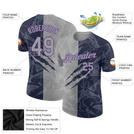 Custom Team Name and Number 3D Performance T-Shirt Gray Navy Purple Graffiti Pattern Personalized Graffiti Pattern Gray Navy-Purple