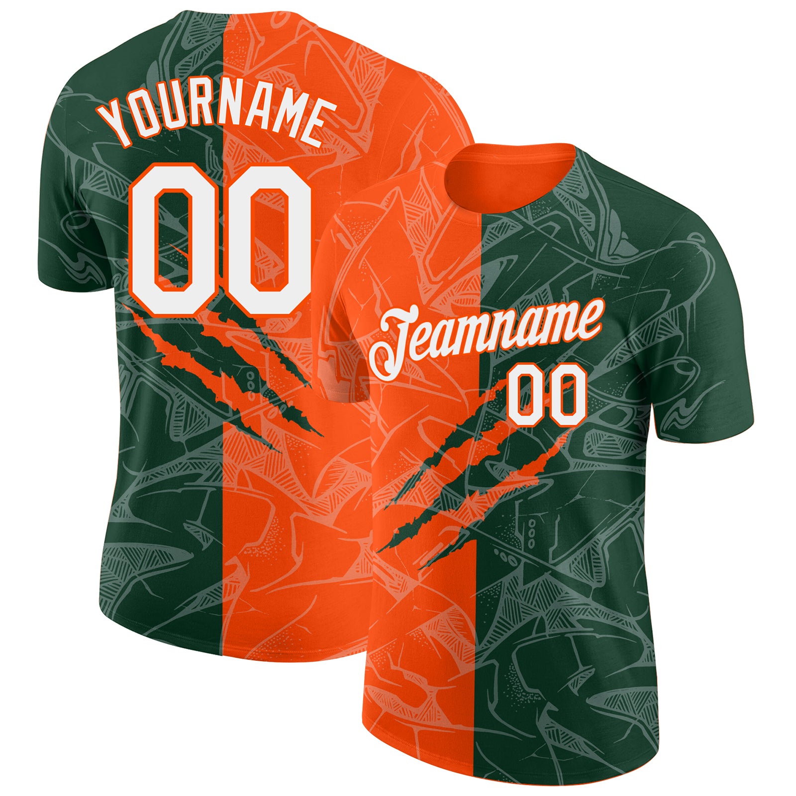 Custom Name & Number Green-Orange Graffiti Pattern 3D Performance T-Shirt for Teams Personalized Graffiti Pattern Green-Orange