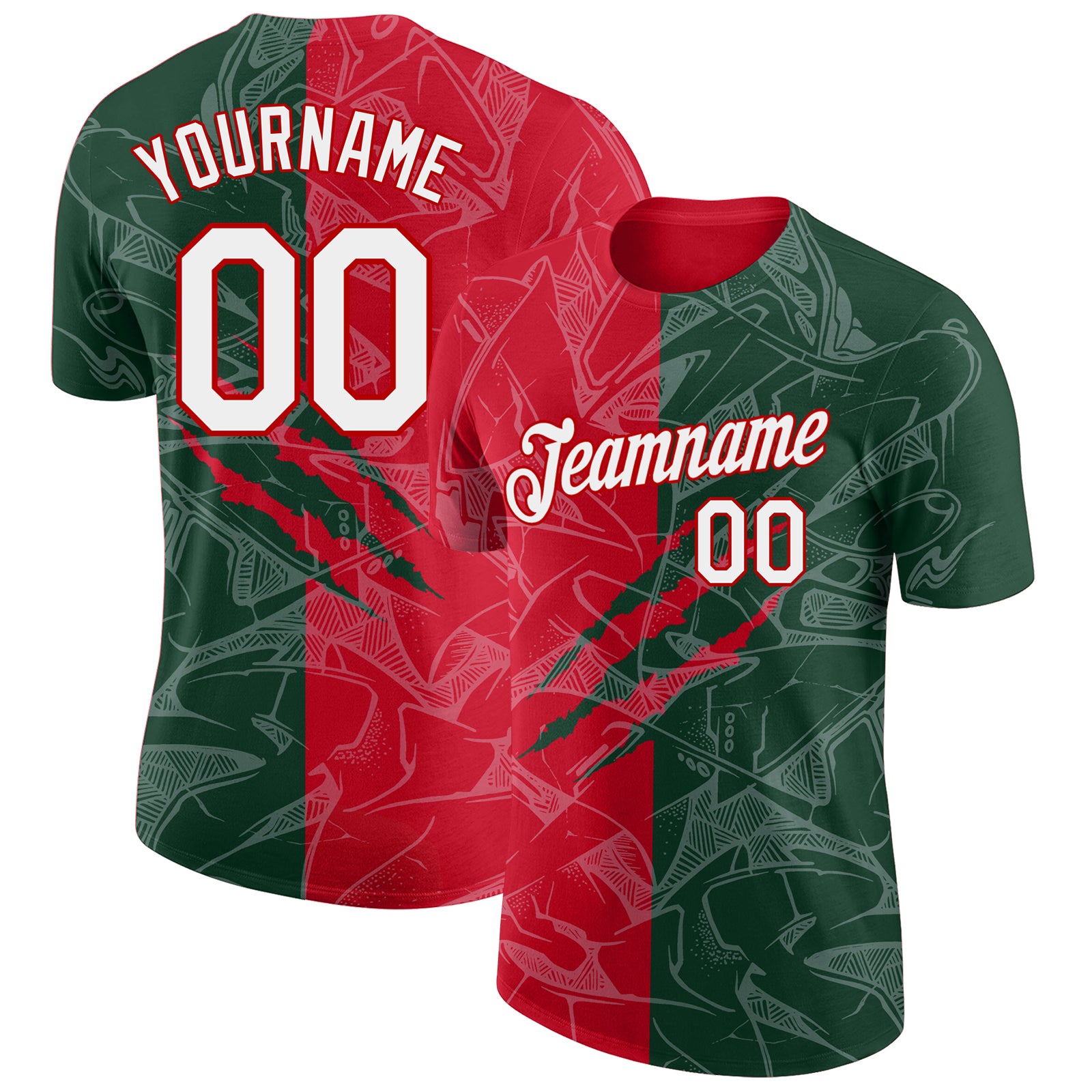Custom Team Name & Number Green-Red 3D Scratch Performance T-Shirt with Personalized Graffiti Pattern Personalized Graffiti