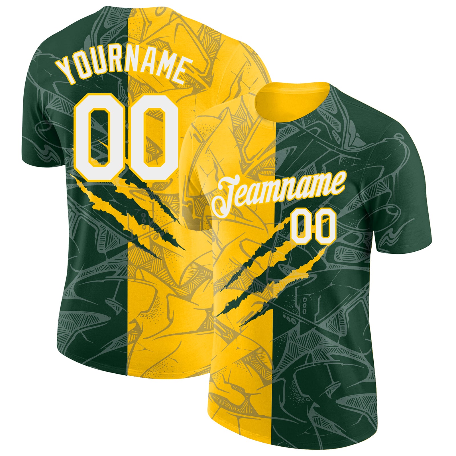Custom Name and Number 3D Performance T-Shirt - Personalized Green-Yellow Graffiti Pattern Team Apparel Personalized Graffiti