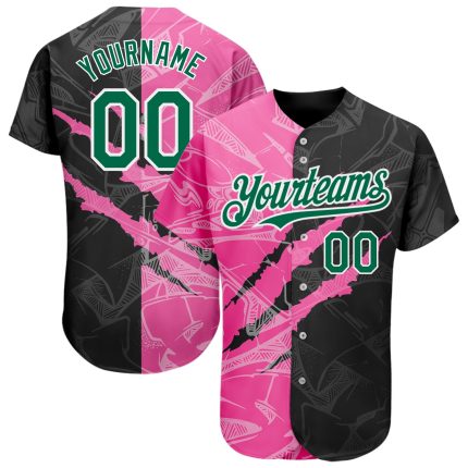 Custom Graffiti Pattern Baseball Jersey with Name and Number, Kelly Green Black-Pink, 3D Scratch Authentic Team Wear Personalized