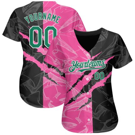 Custom Graffiti Pattern Baseball Jersey with Name and Number, Kelly Green Black-Pink, 3D Scratch Authentic Team Wear Personalized