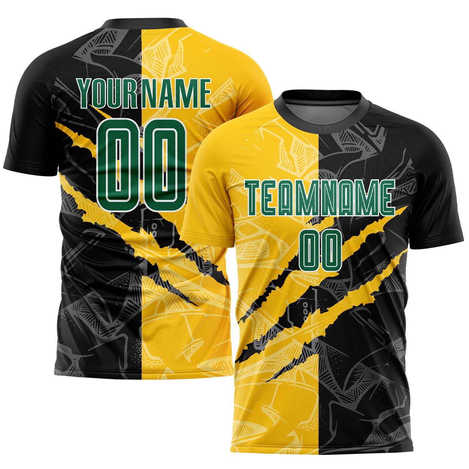 Custom Soccer Jersey - Personalized Kelly Green Graffiti Pattern with Black-Yellow Scratch Design, Includes Name & Number