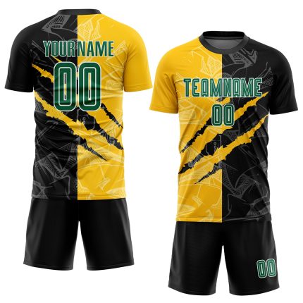 Custom Soccer Jersey - Personalized Kelly Green Graffiti Pattern with Black-Yellow Scratch Design, Includes Name & Number